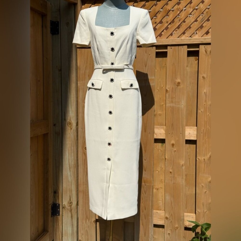 🆕 SELF-PORTRAIT 🧿 BNWOT Cream Ecru Crepe Buttoned Midi Dress, Sz UK 6/ US 2 - Picture 3 of 14